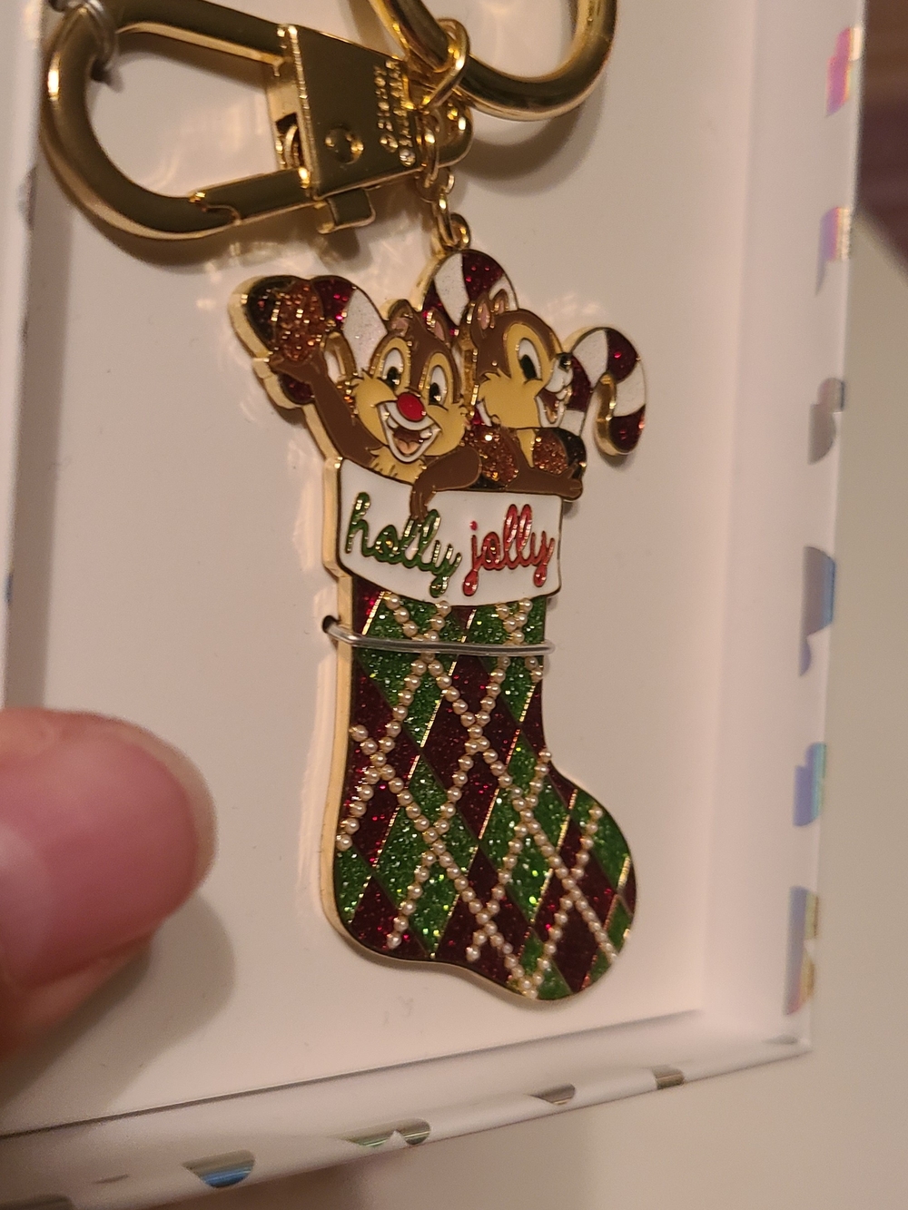 Disney BaubleBar Holiday Chip & Dale Stocking Keychain in  Green, Red, Gold